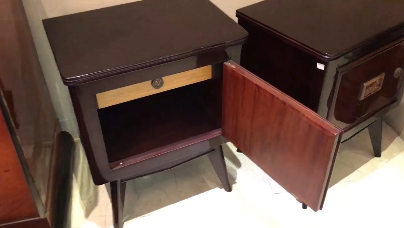 antique bedside table with open drawer and internal space