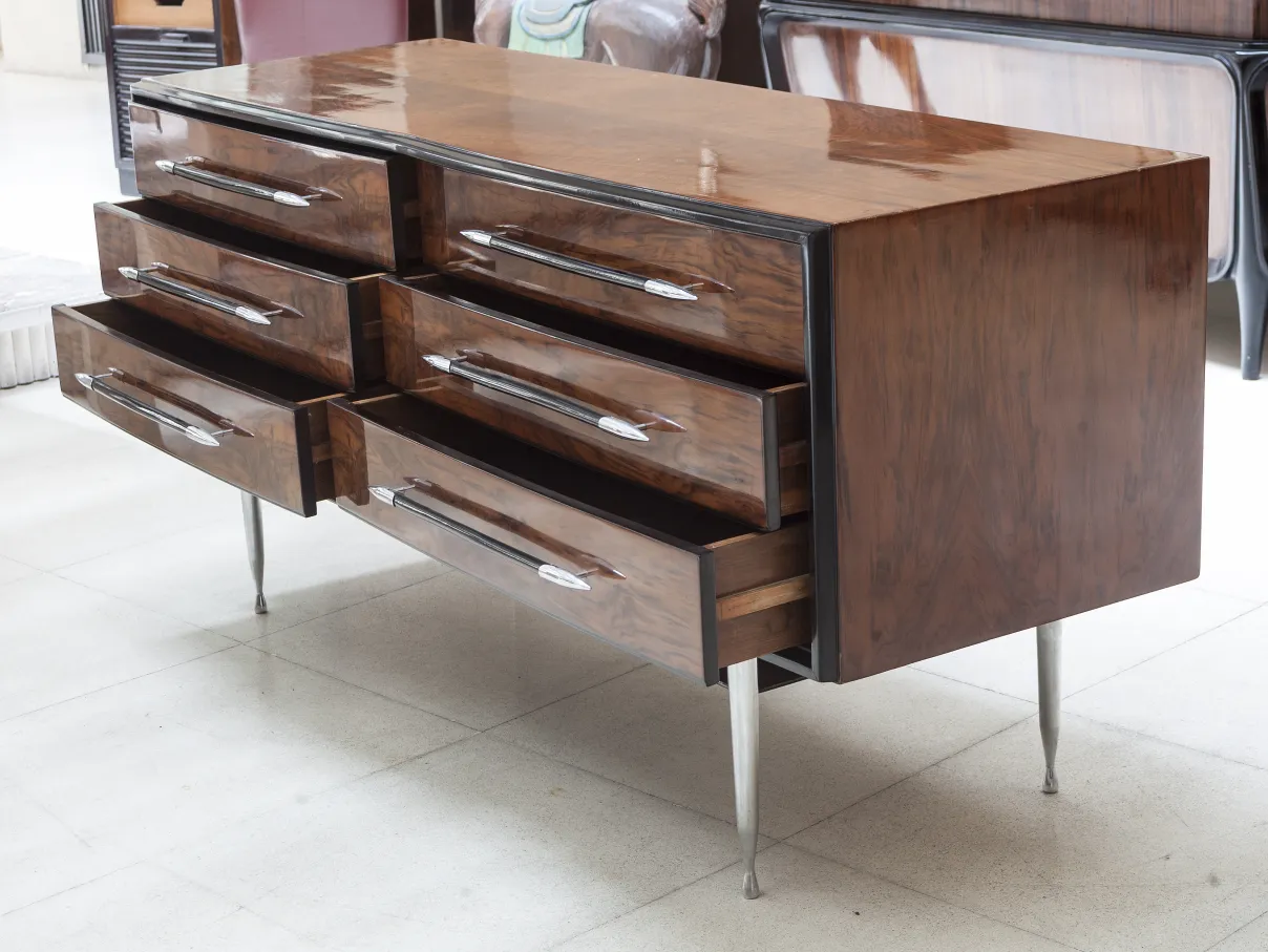 antique bedside table with four drawers and shiny surface