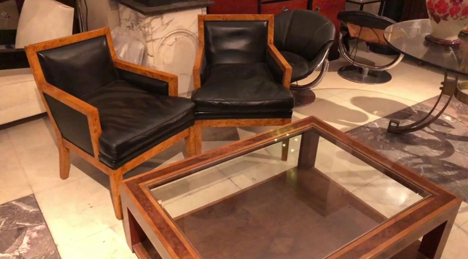 antique coffee table with glass top in warm room