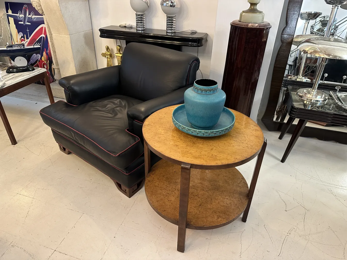 antique small table with decorations, accessories in interior