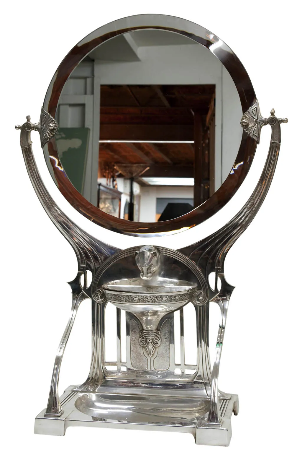 antique art nouveau mirror with decorative round base