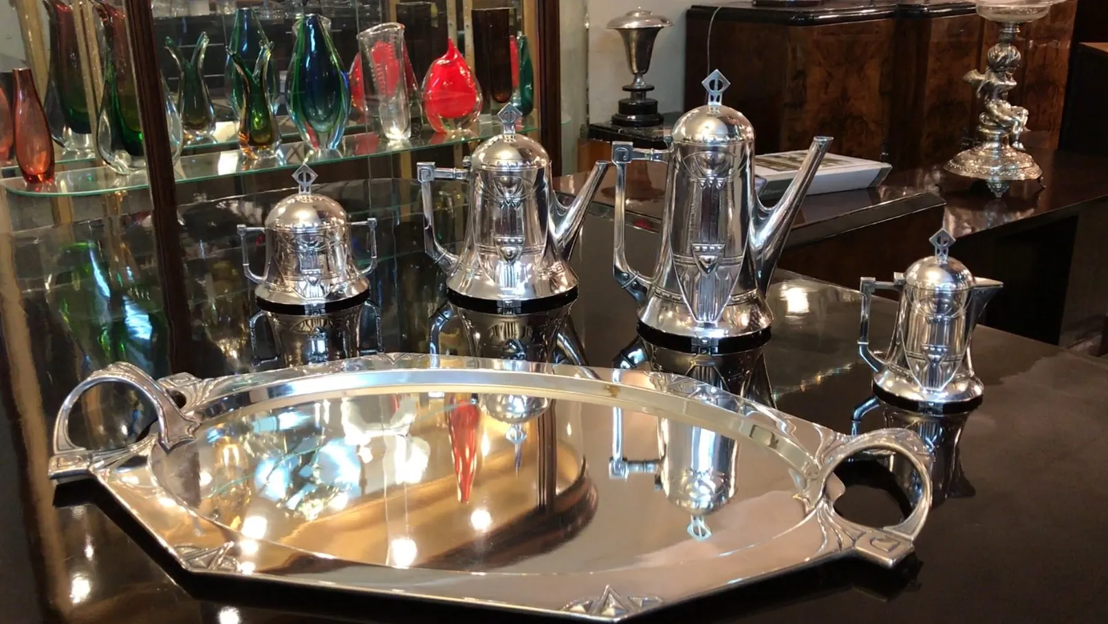 antique WMF tea set with teapot and shiny tray