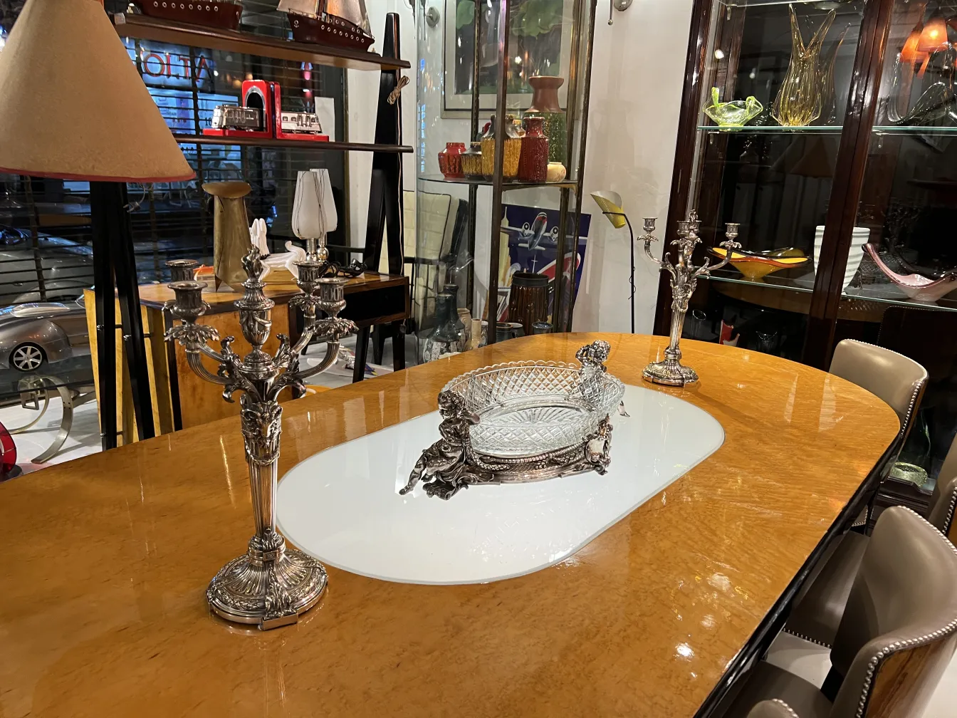 antique centerpiece Christofle on an elegant table with candlesticks