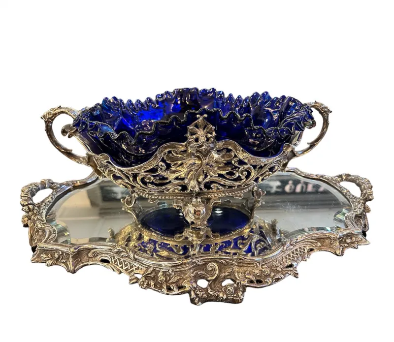 ornate blue wmf centerpiece with decorative mirror base