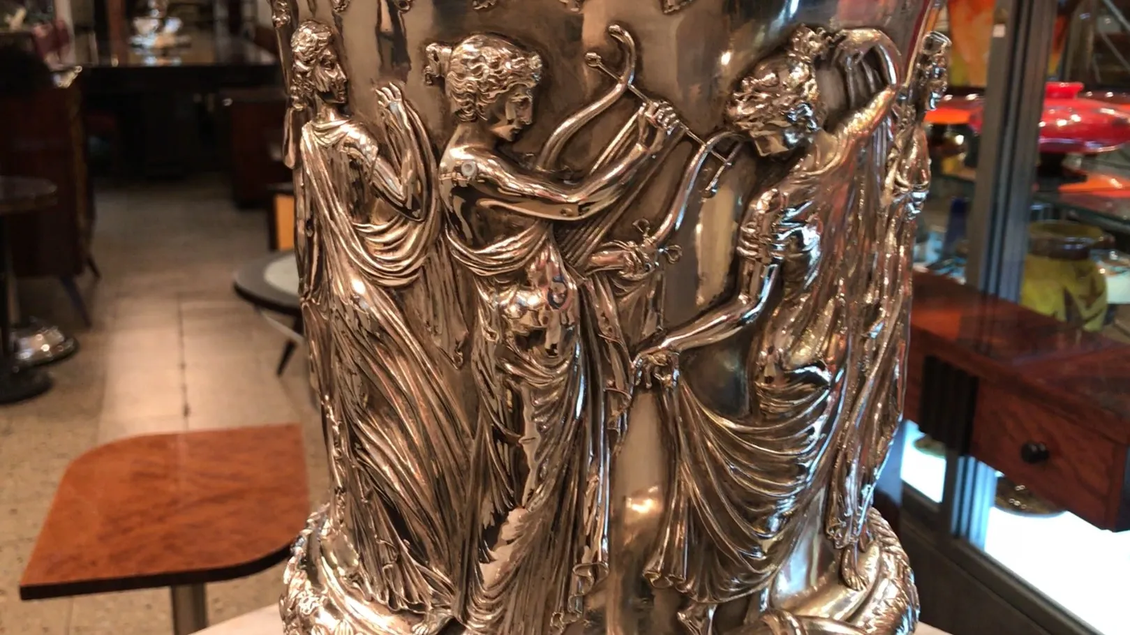 2 antique champagne coolers WMF featuring relief decorative figures