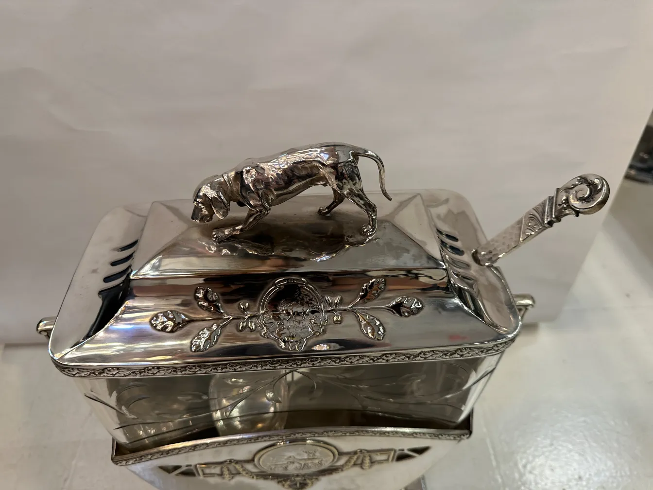 Antique WMF punch bowl with a dog on the lid, decorative and elegant.