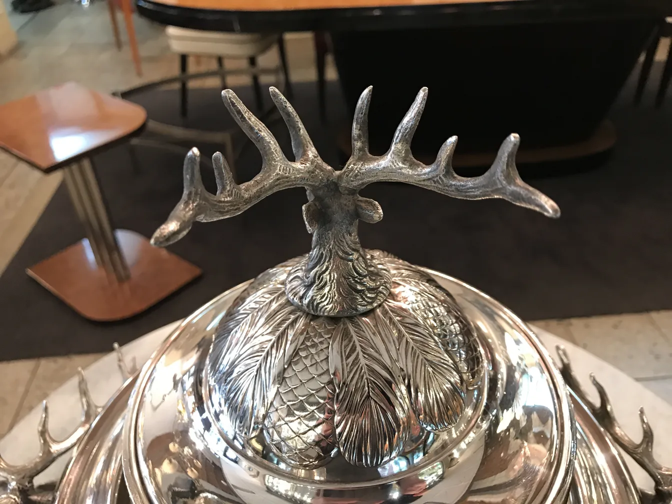 antique WMF punch bowl with decorative deer lid