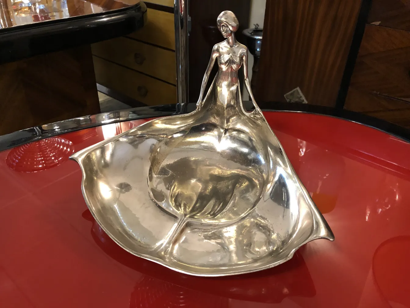 antique card tray with a unique feminine figure design