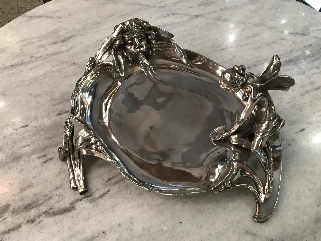 antique WMF card tray with decorative figures