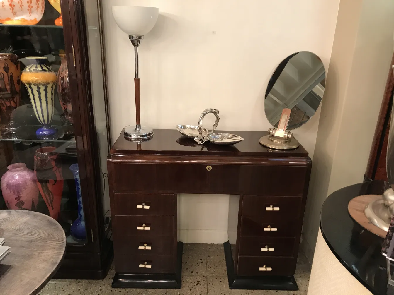 antique card tray WMF on table with lamp and mirror