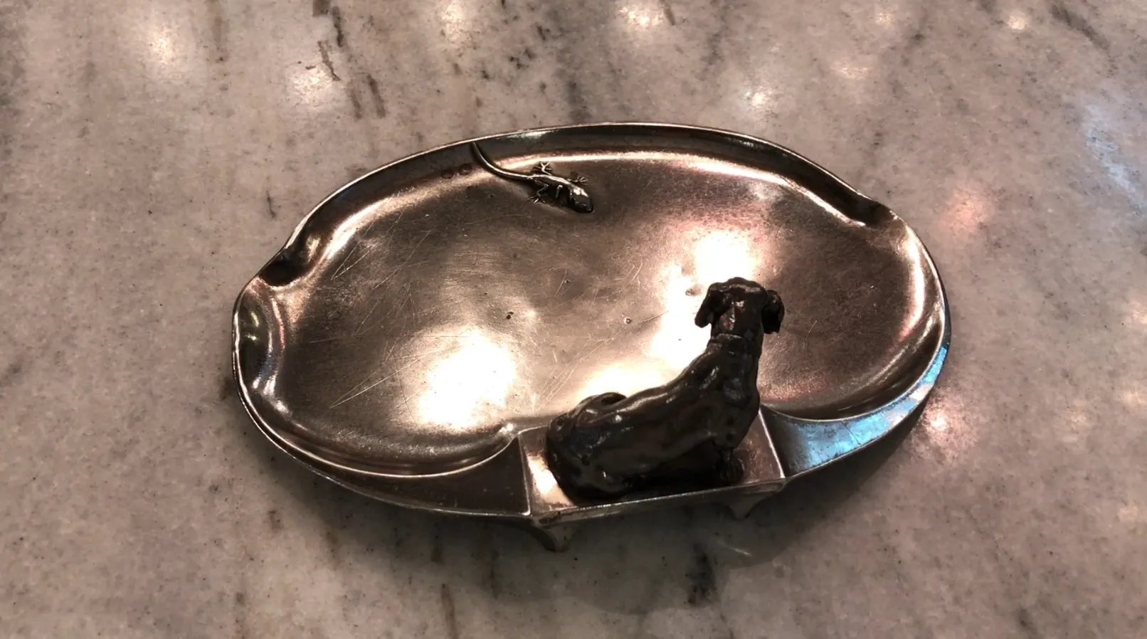 antique card tray wmfr with dog and lizard figure