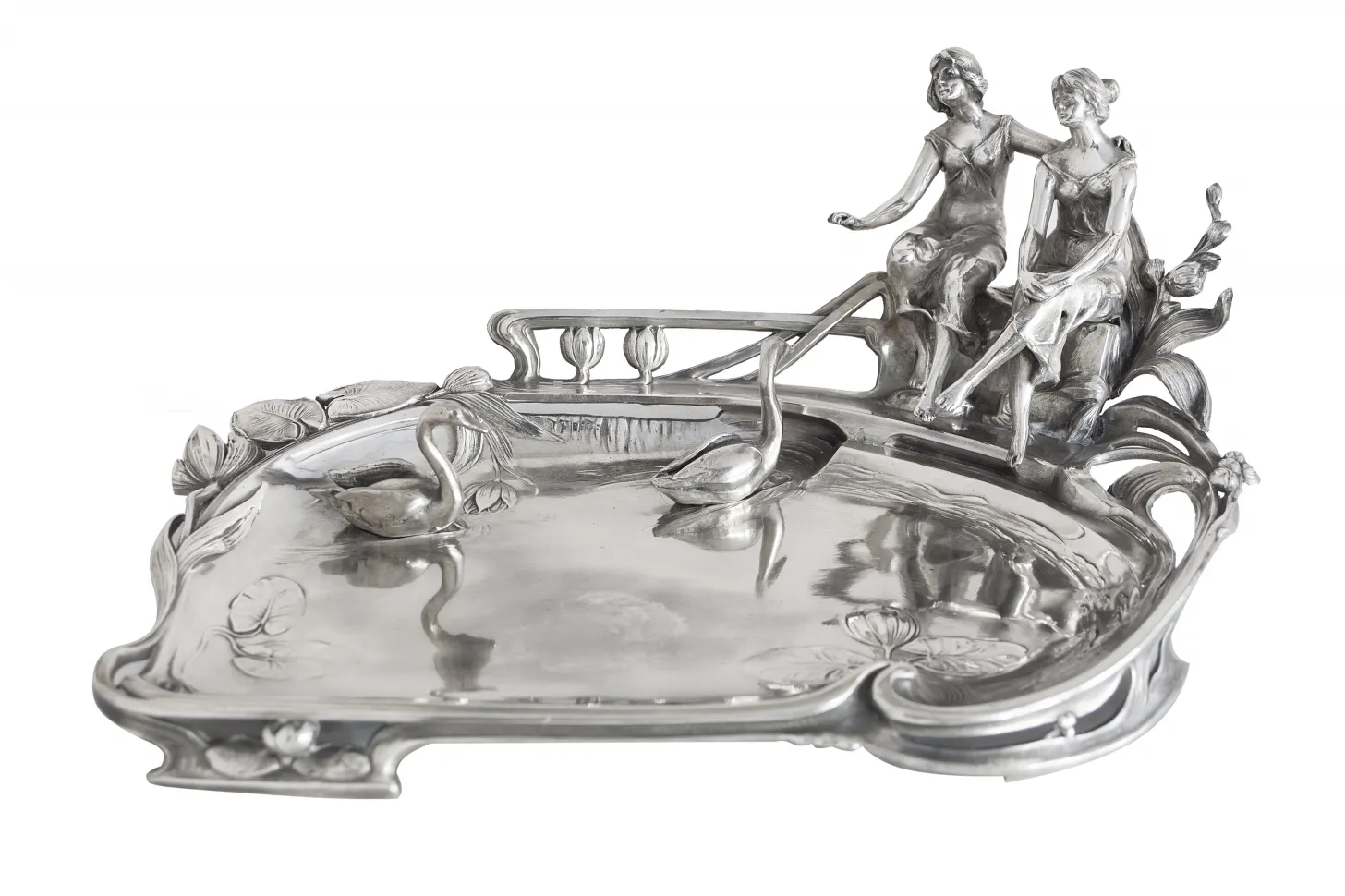 card tray with decorative figures and swans
