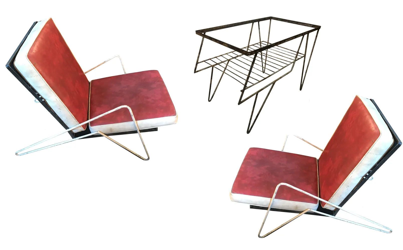 Four antique garden armchairs with red cushions and metal frame. Perfect for outdoor use