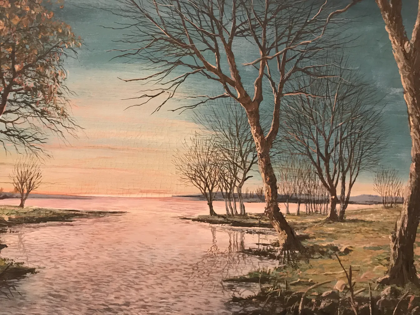 pintura antiga de paisagem com árvores e água