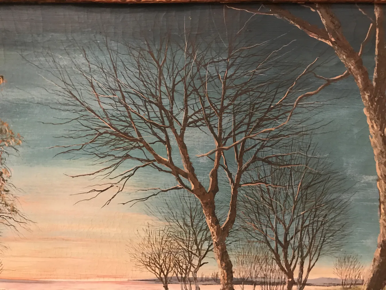 Pintura crispino antiga com paisagens de árvores secas