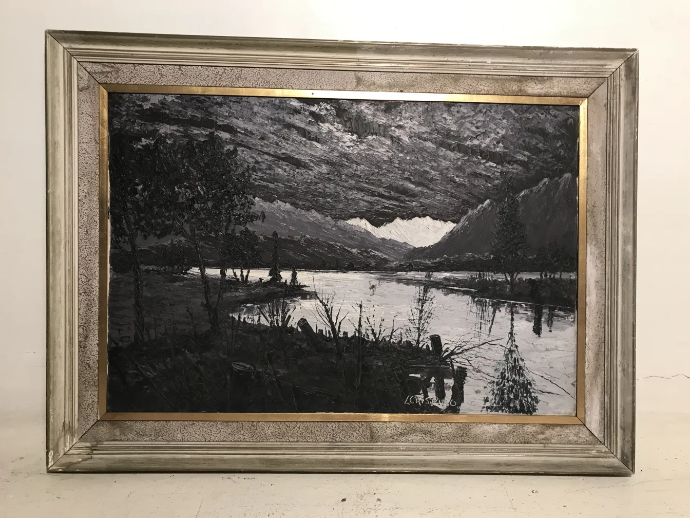 pintura crispino de paisagem natural com água e árvores