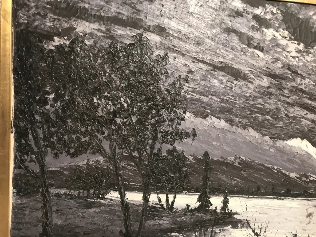 Pintura Crispino em tons escuros, paisagem com árvores e água