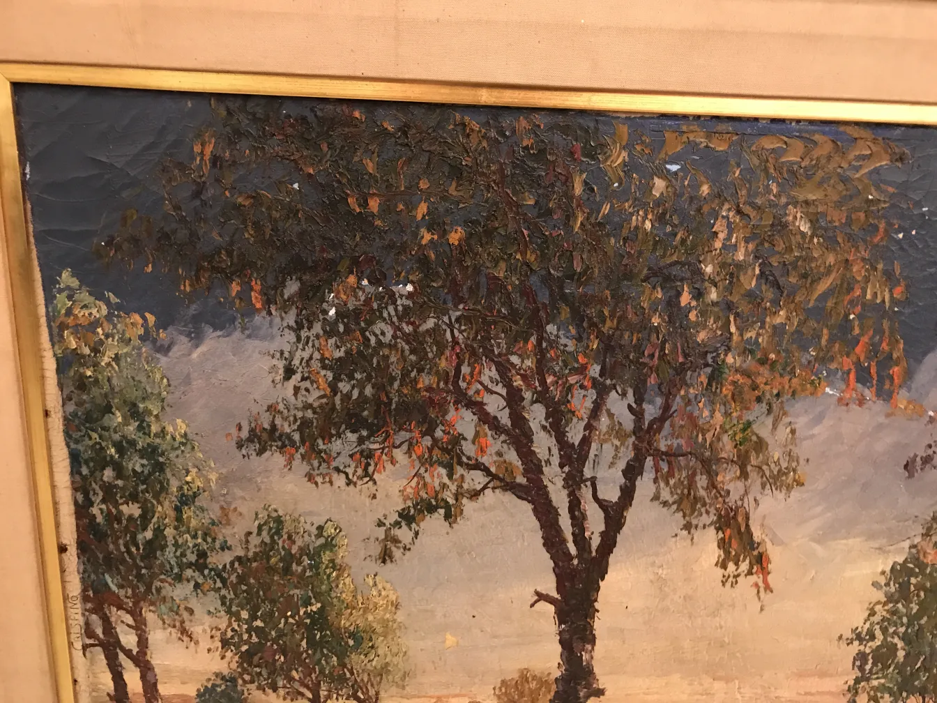 Pintura antiga Crispino com árvores em uma paisagem simples