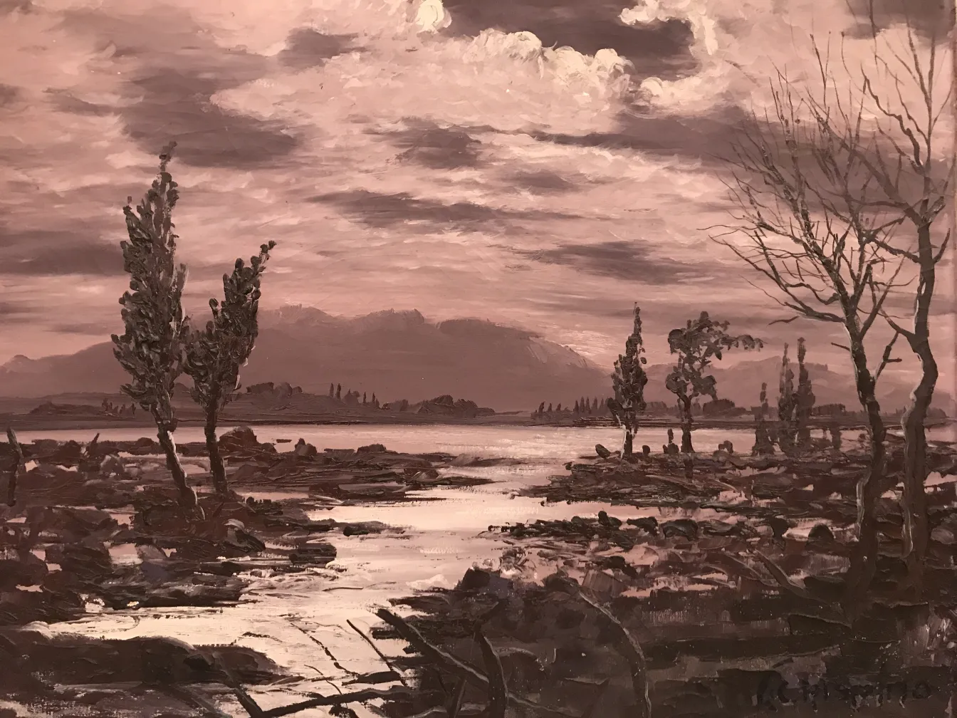 pintura antiga de paisagens com árvores e água