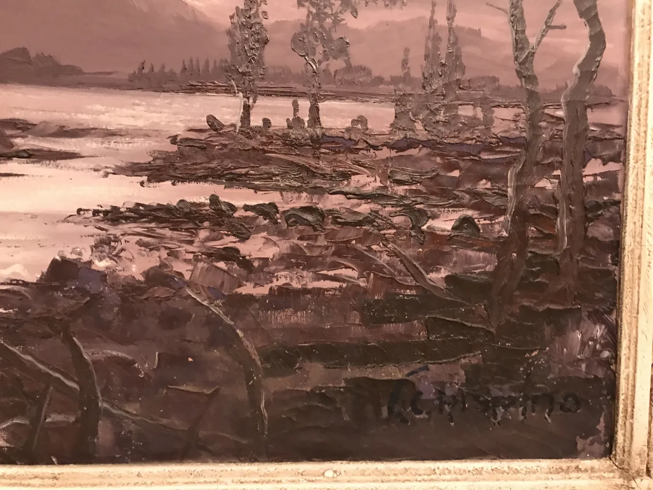 pintura antiga de paisagem com árvores e água