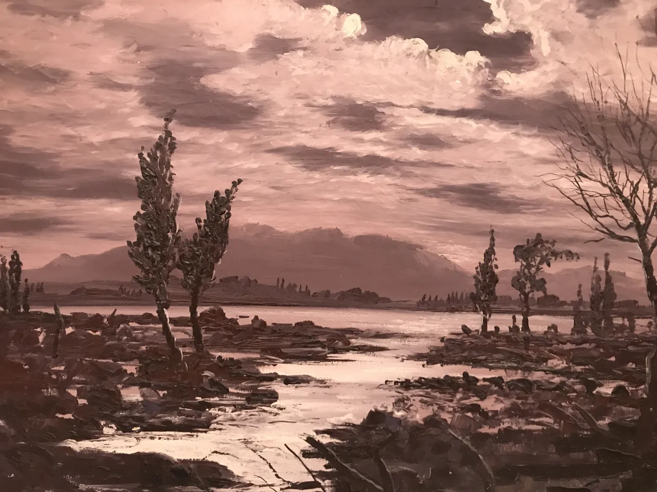 pintura Crispino com paisagens e árvores em tons de terracota