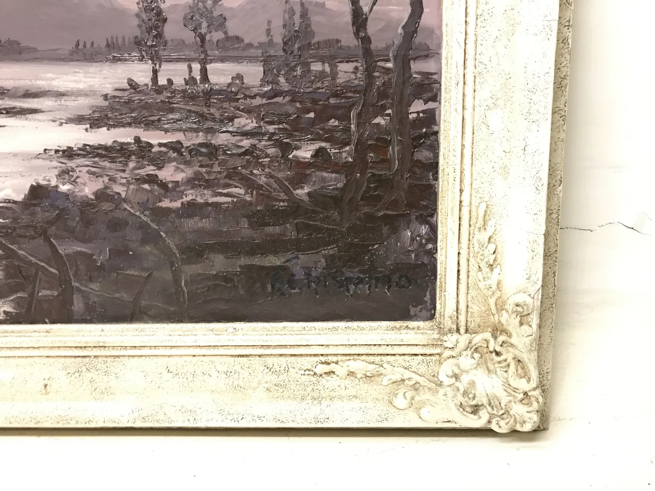 Antiga pintura crispino de uma paisagem serena com árvores