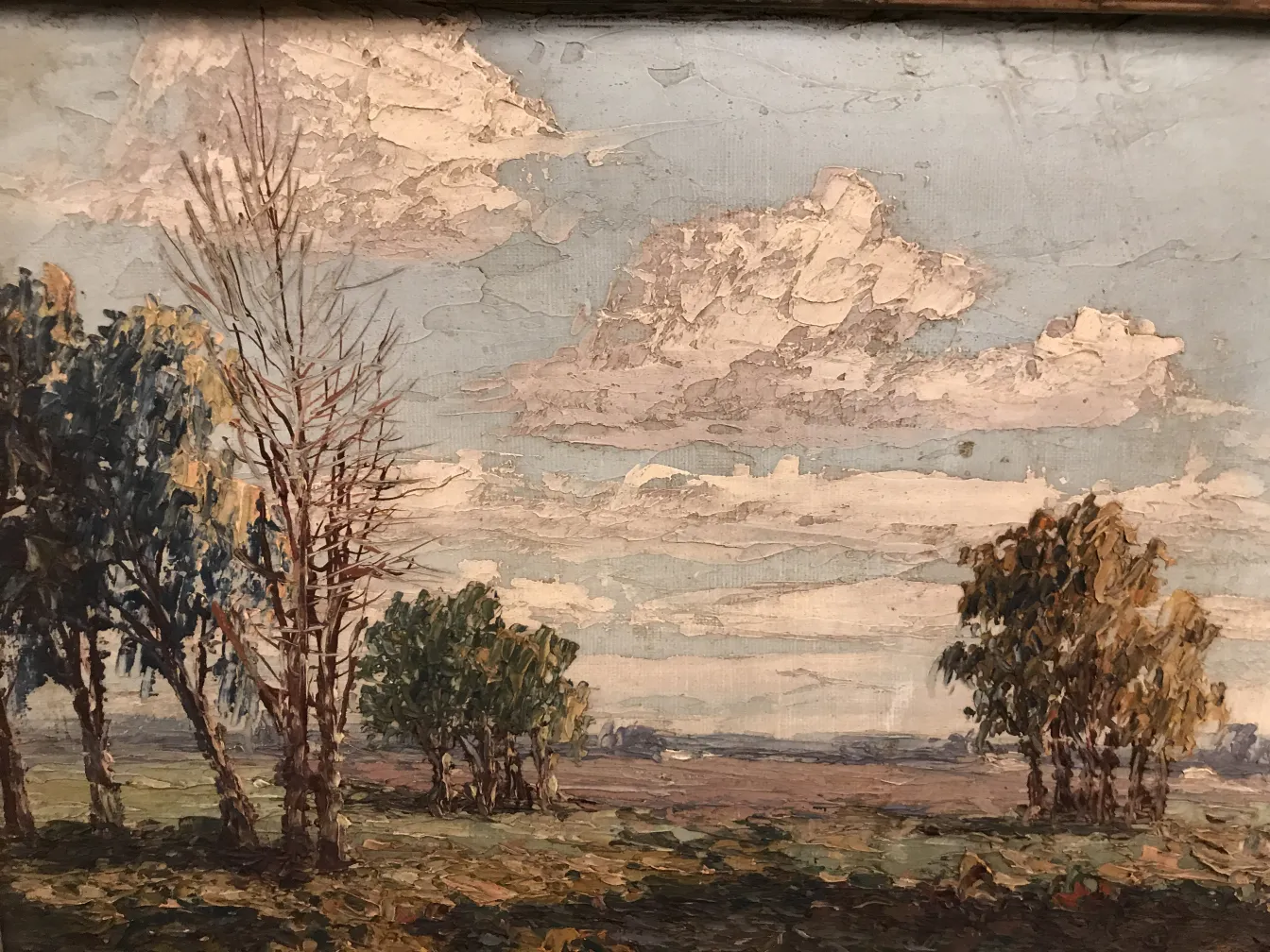 antiga pintura de paisagem com árvores e céu azul