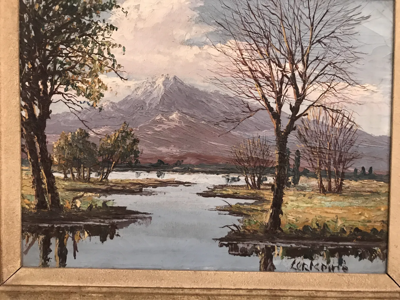 Pintura Crispino antiga mostrando uma paisagem natural