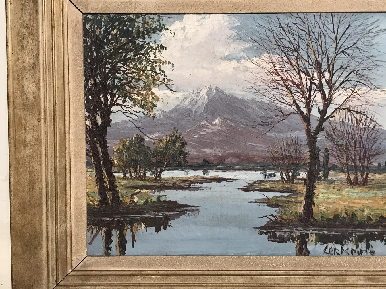 bela pintura antiga de paisagens com árvores e lagoa