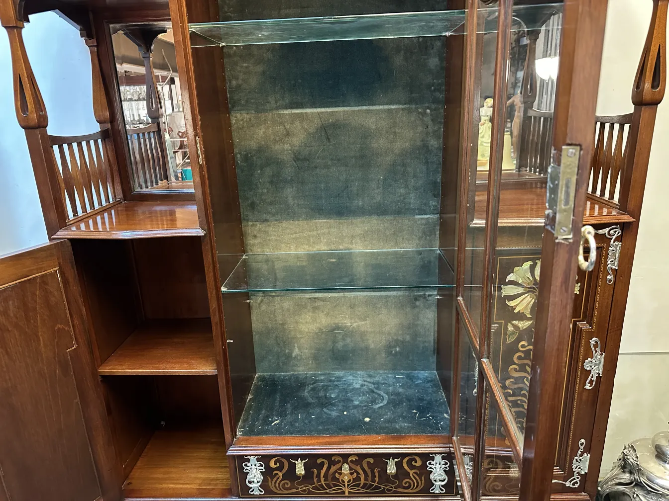 antique display cabinet with shelves and decorative details Shapland & Petter