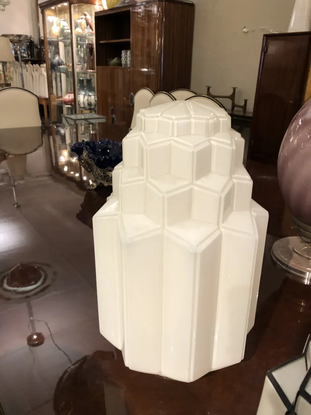 two antique ceiling lights with hexagonal design