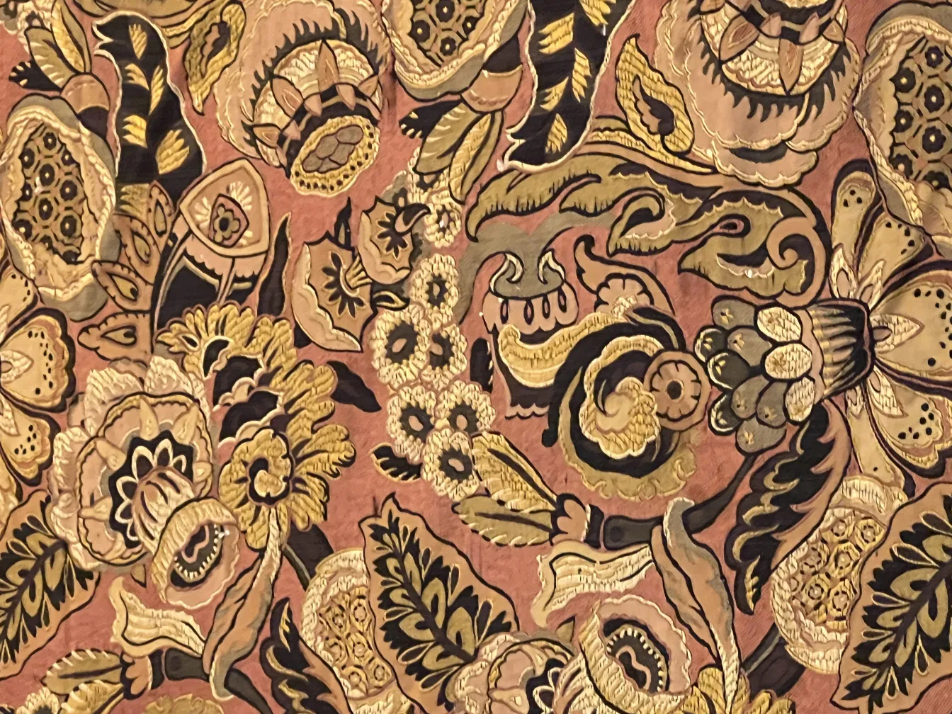tovaglia antica decorata con motivi floreali in rosa e oro