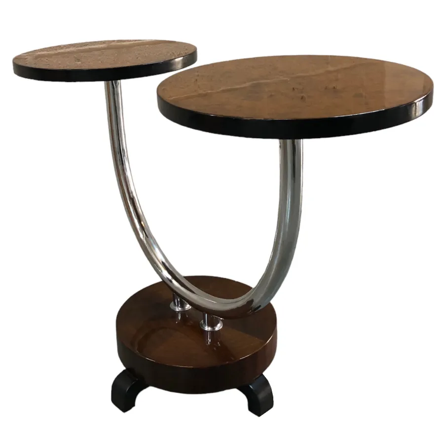 Antique small table features two round tops, dark wood base, decorative style