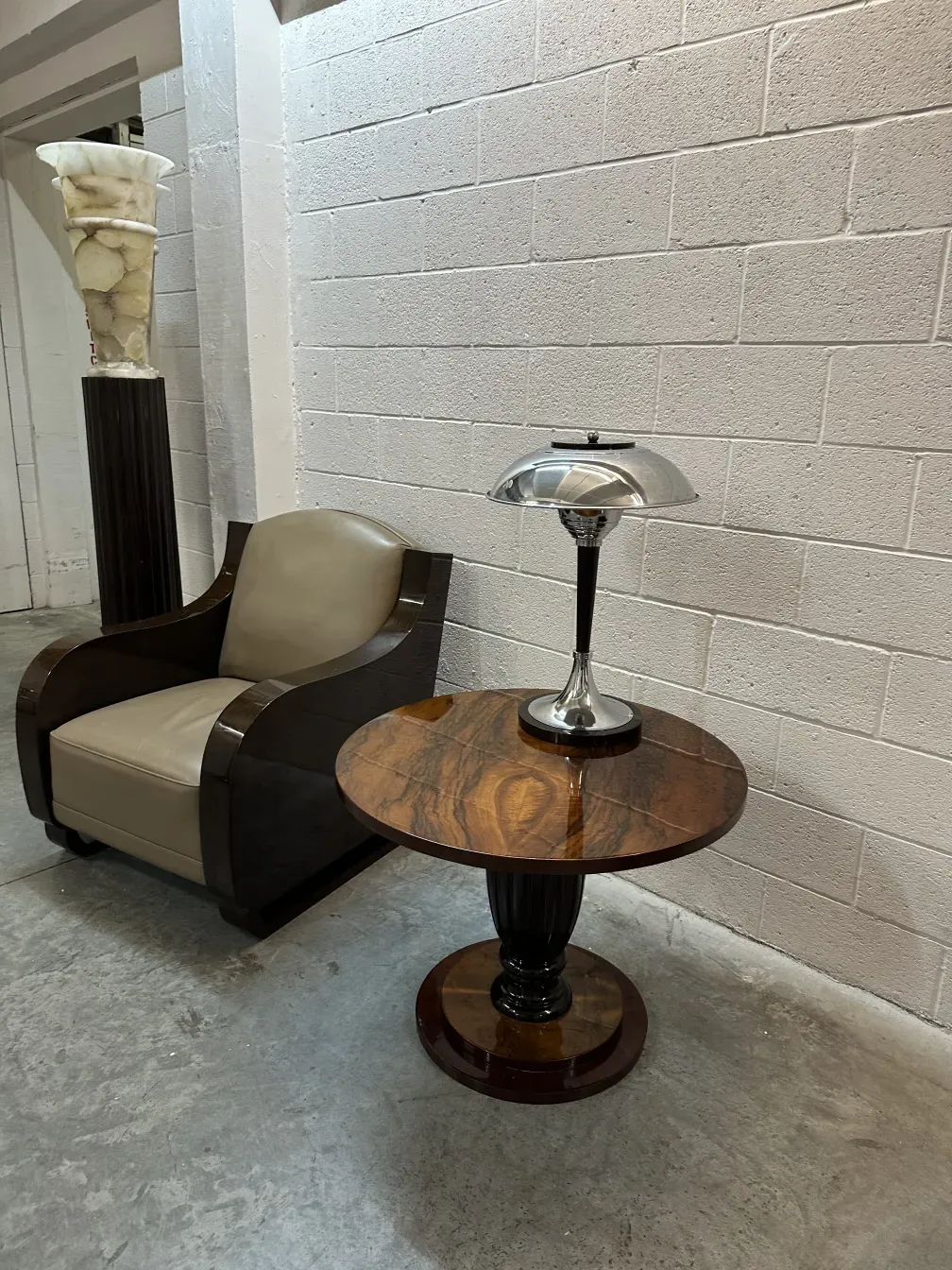 2 antique elegant small tables with decorative surface in modern setting