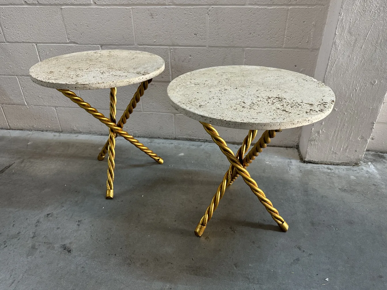 Set of 2 antique small tables with golden legs