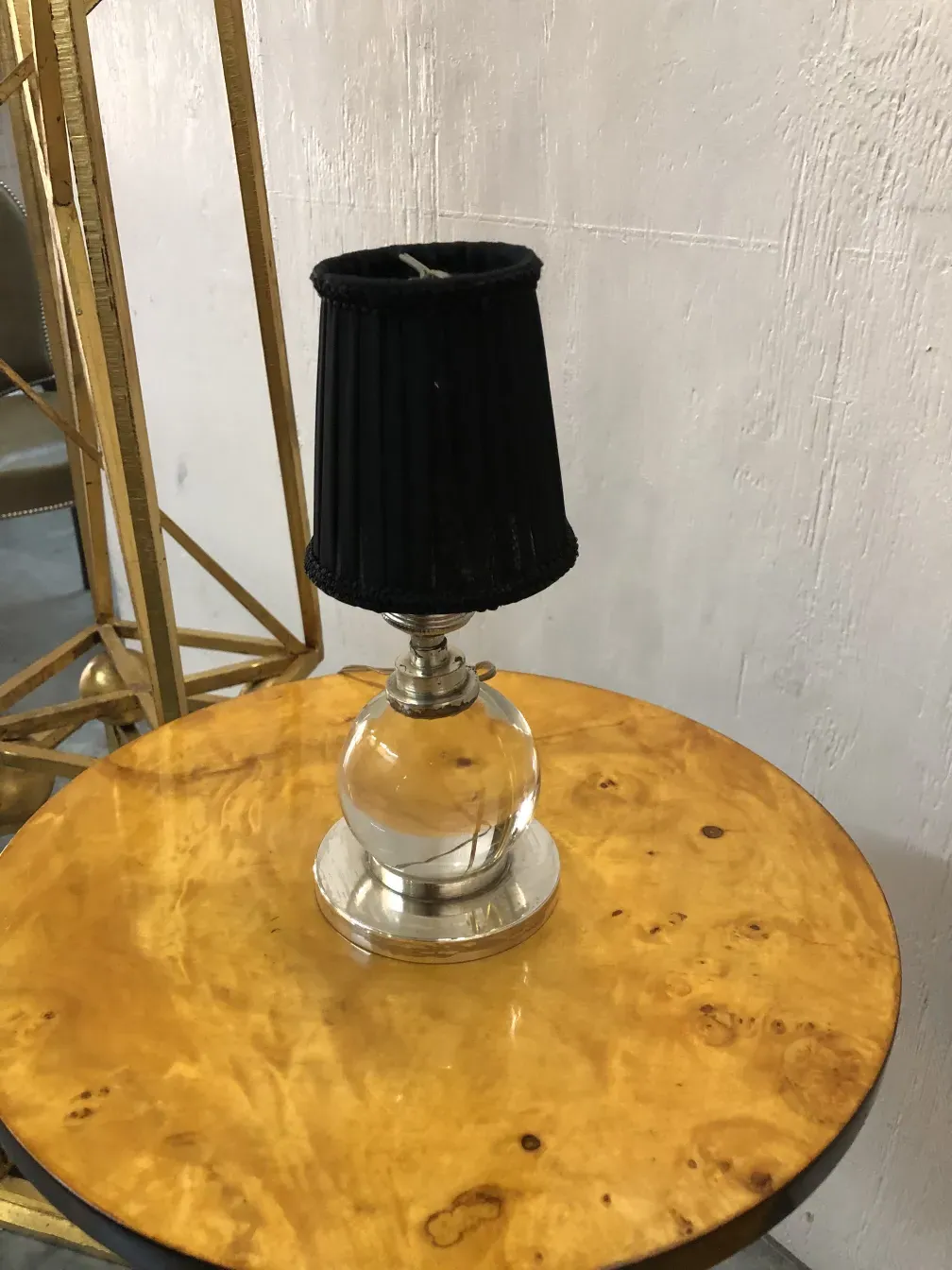 two antique table lamps with black shade and shiny base