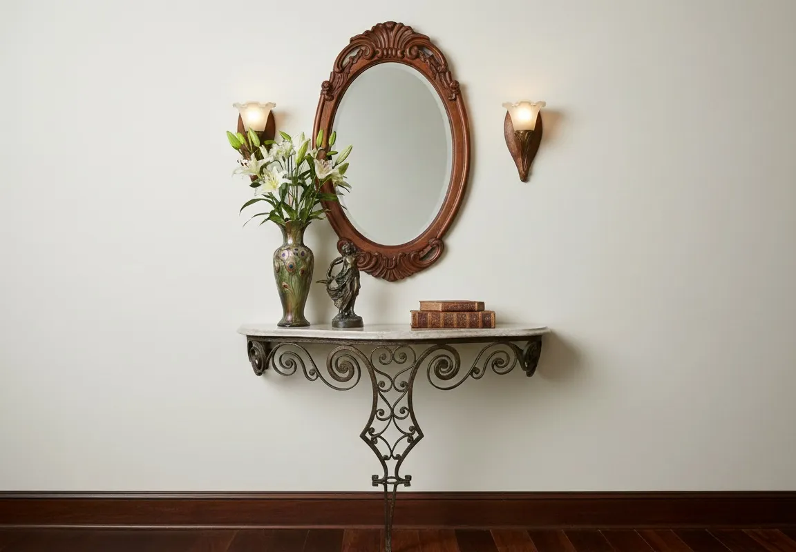 antique console table with art nouveau details, vases and books
