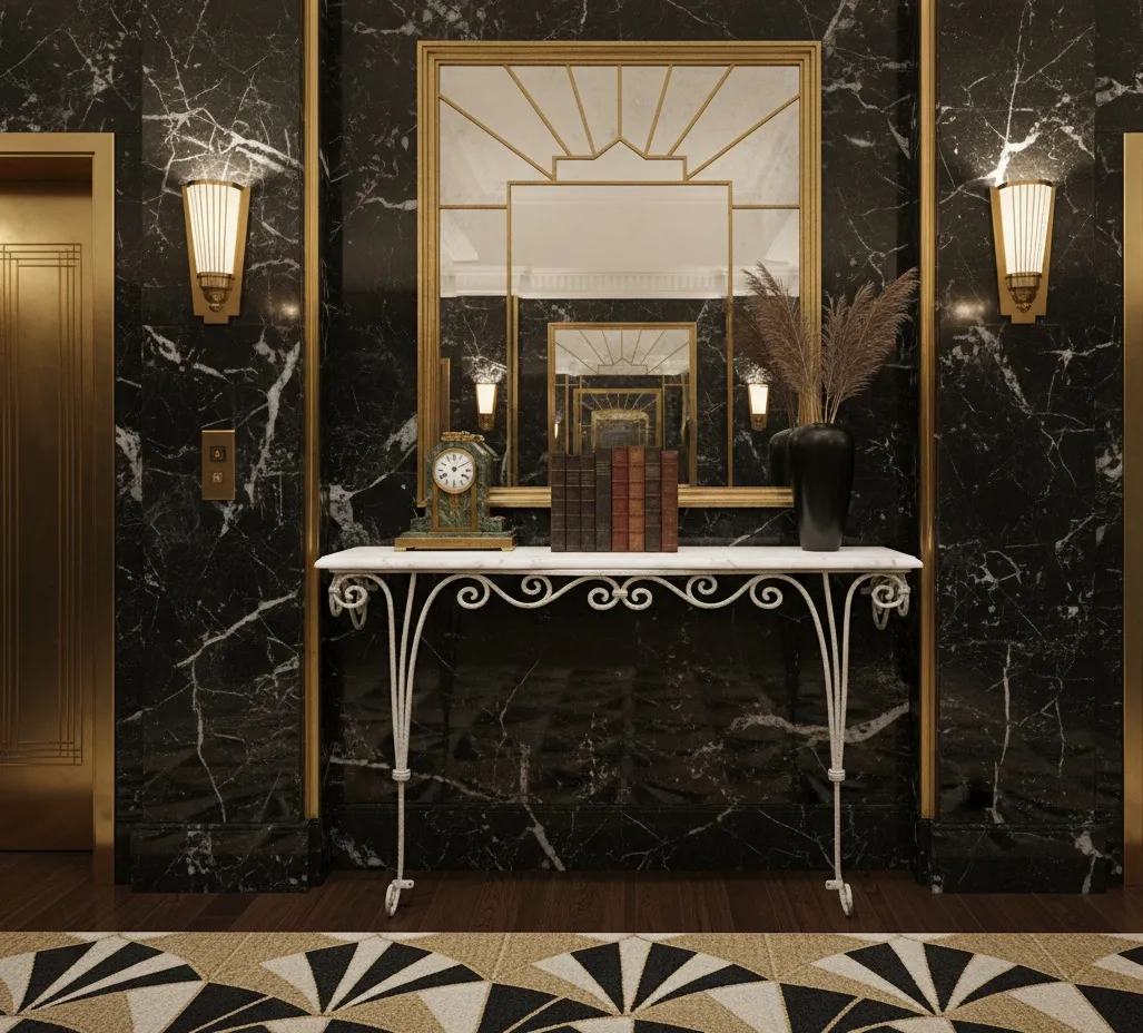 antique console french style in front of golden mirror