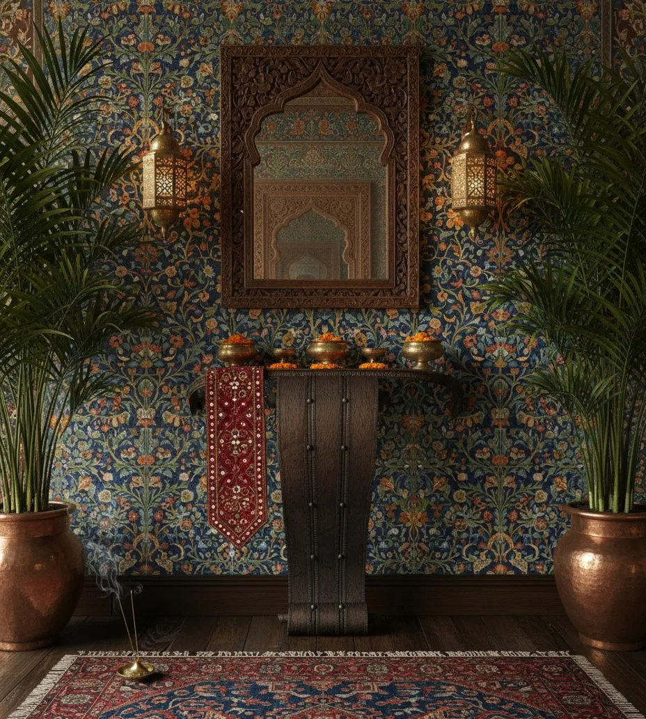 Antique console with elaborate decoration and flowers