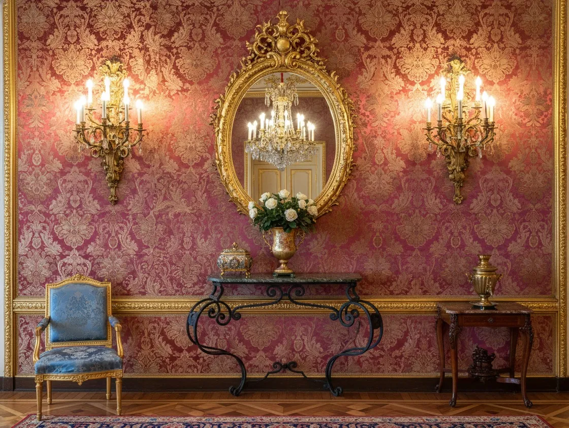 Antique console in Art Nouveau style with decorative details and a mirror in the background.