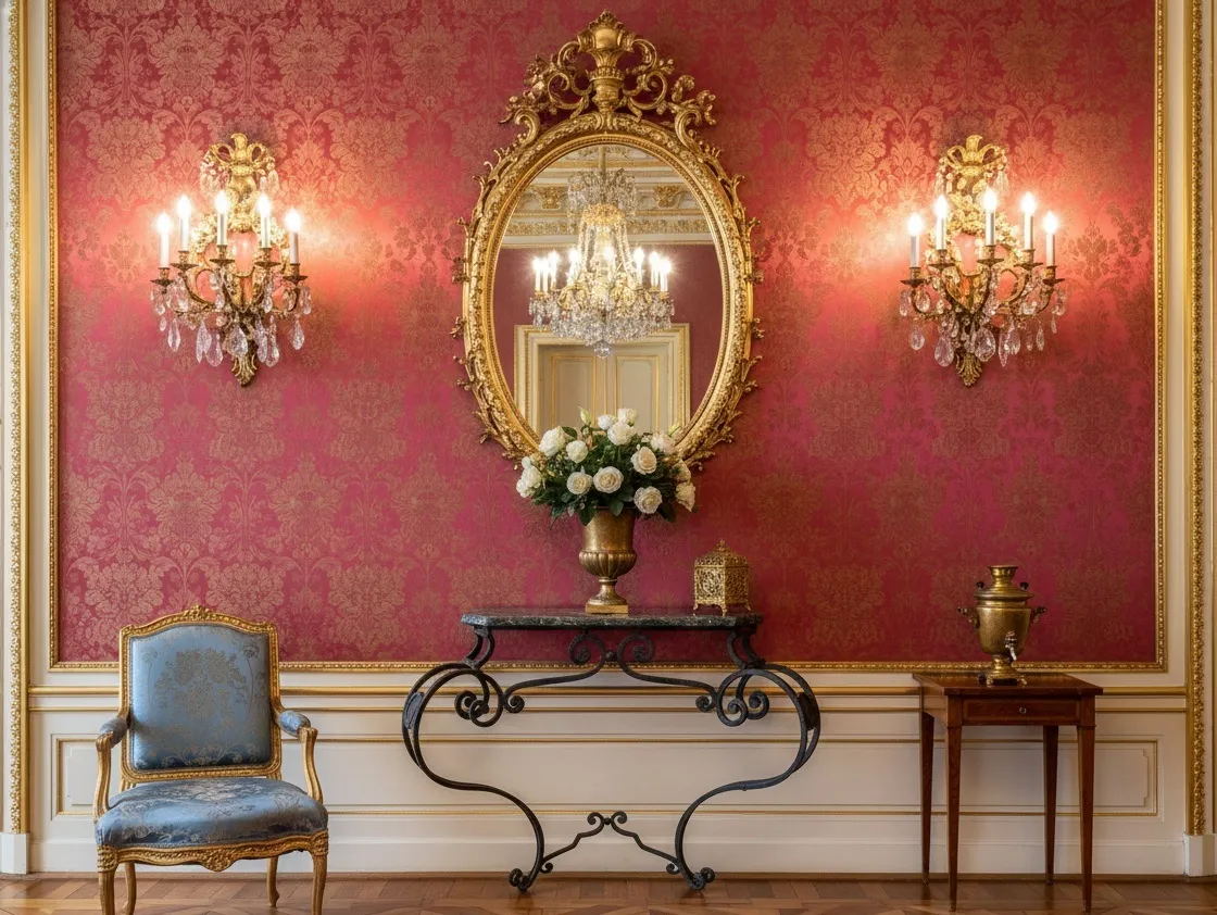 Antique decorative console with flowers and shiny mirror