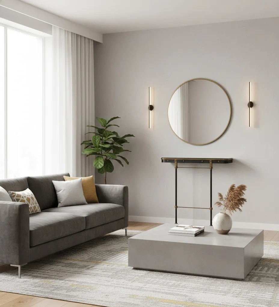 antique art deco console in a modern setting with sofa and plants