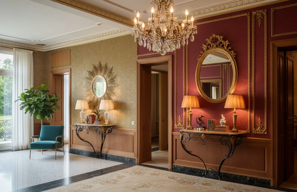 decorative antique console with lamps and mirrors