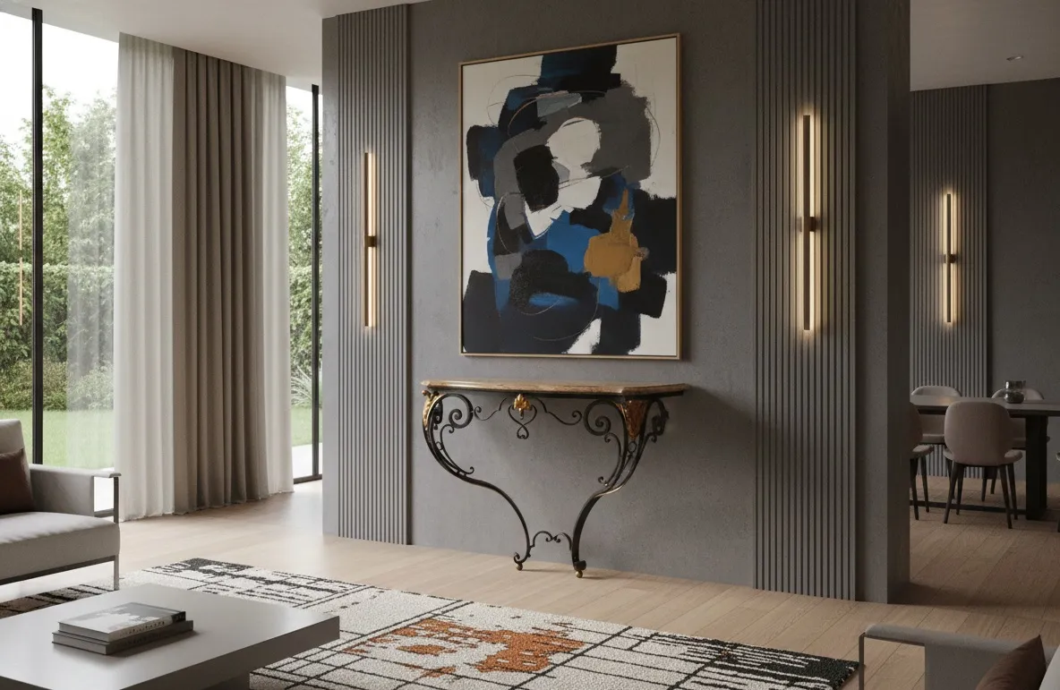 antique console with elegant design by edgard brant, placed in a modern living room