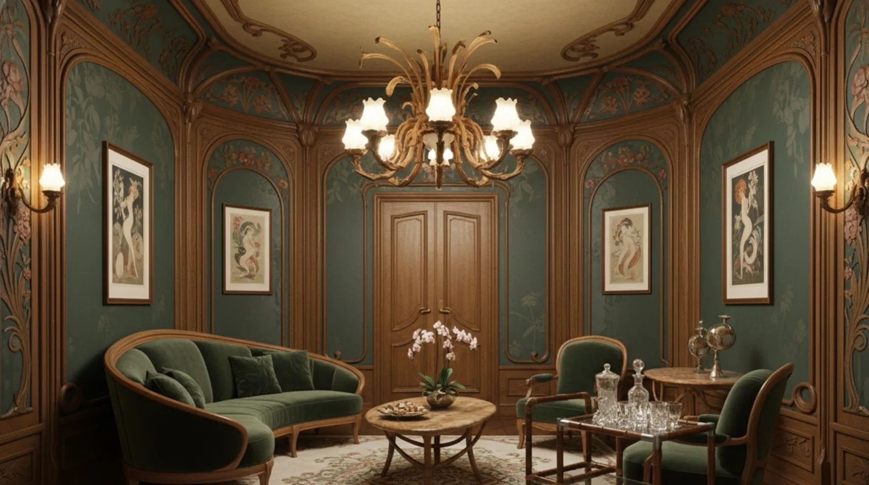 antique cocktail trolley in an elegant setting with green sofa