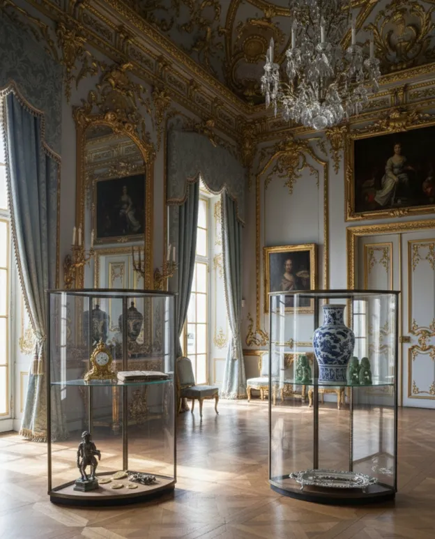 antique display cabinets with soft lighting and collectibles