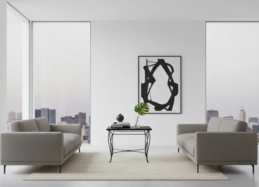 antique table in a modern living room with sofa and minimalist decor