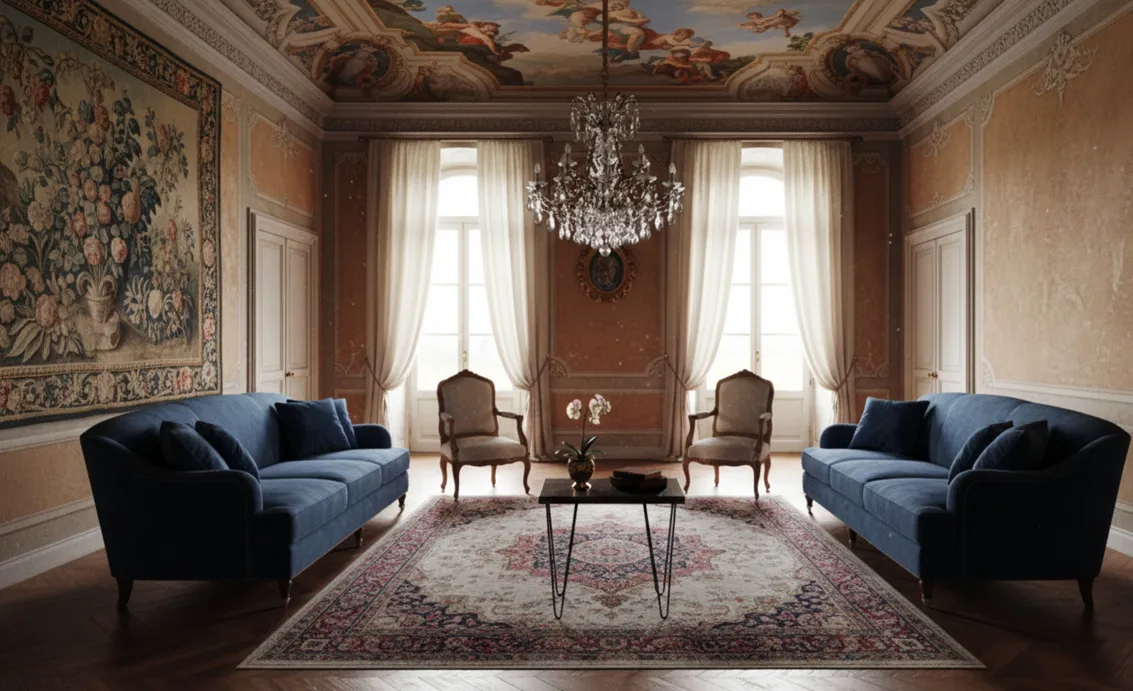 Antique table in a living room, surrounded by chairs and decorations.