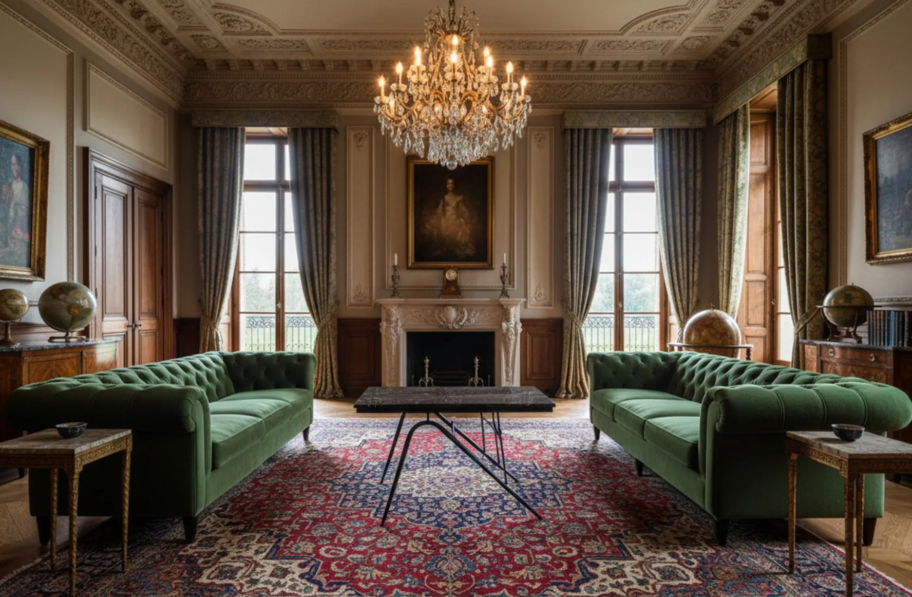 Antique table in an elegant setting with green sofa and chandelier.