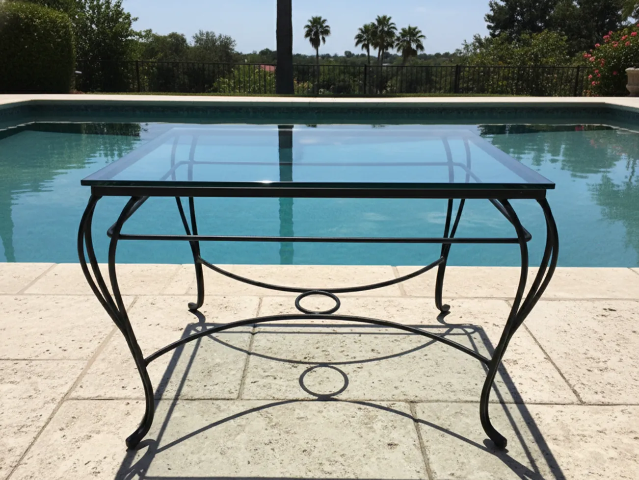 Table in a garden setting by the pool